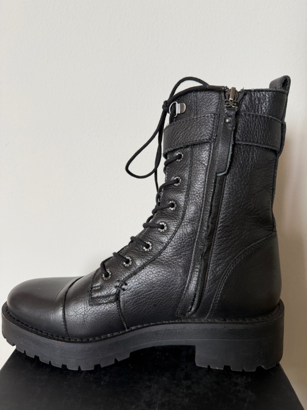 Sam Edelman Black Leather Lace-Up Combat Boots with Buckle - Picture 6 of 11